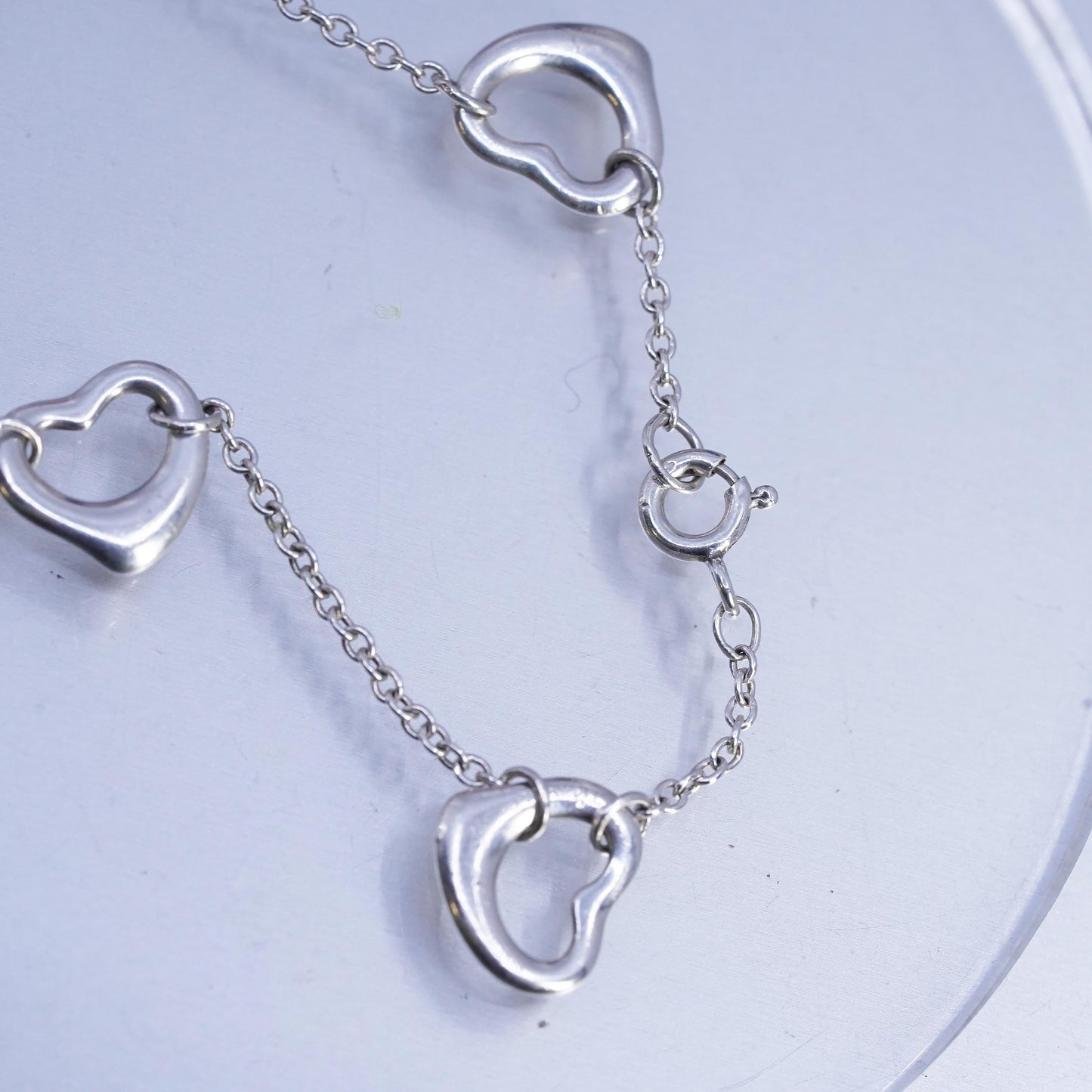 7.5" Vintage Sterling Silver Handmade Bracelet, 925 circle chain Heart Charms