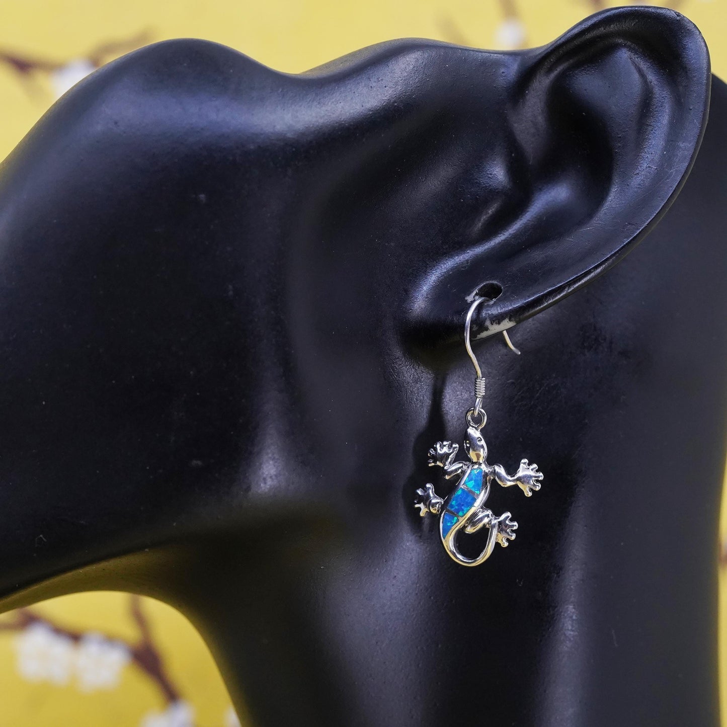 Vintage Sterling silver handmade earrings, 925 lizard with opal inlay