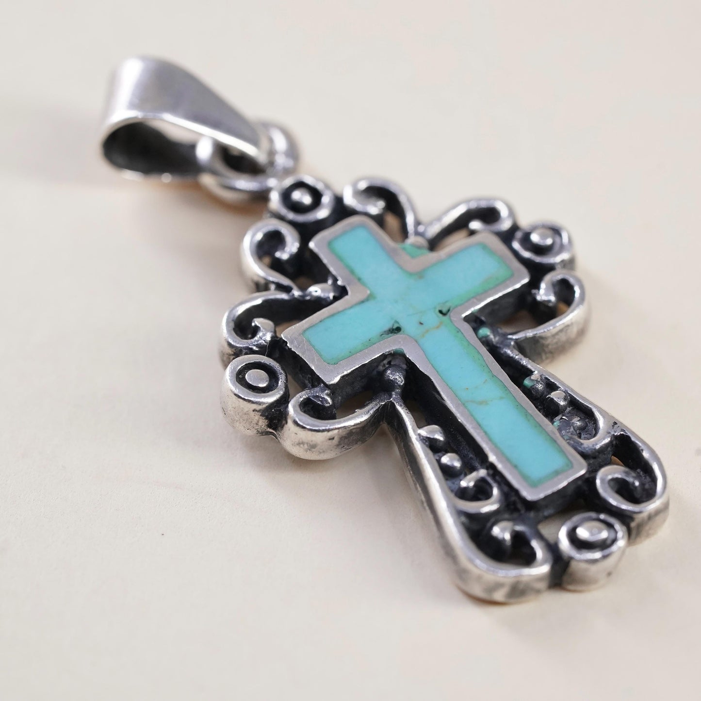 Vintage southwestern Mexican Sterling silver pendant, filigree 925 cross with turquoise inlay, stamped 925 Mex
