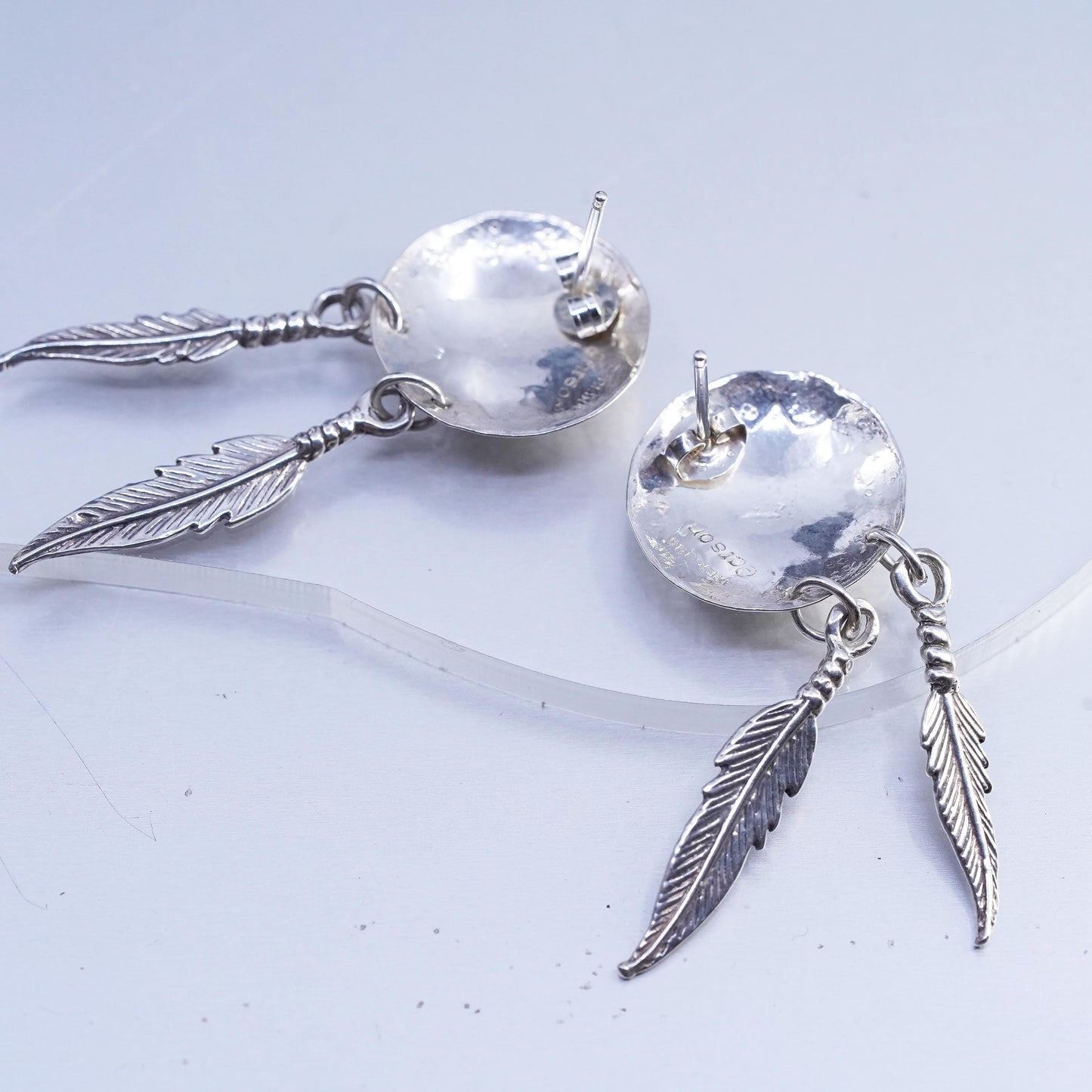 Native American Earson Sterling silver earrings, 925 disc feather dangles