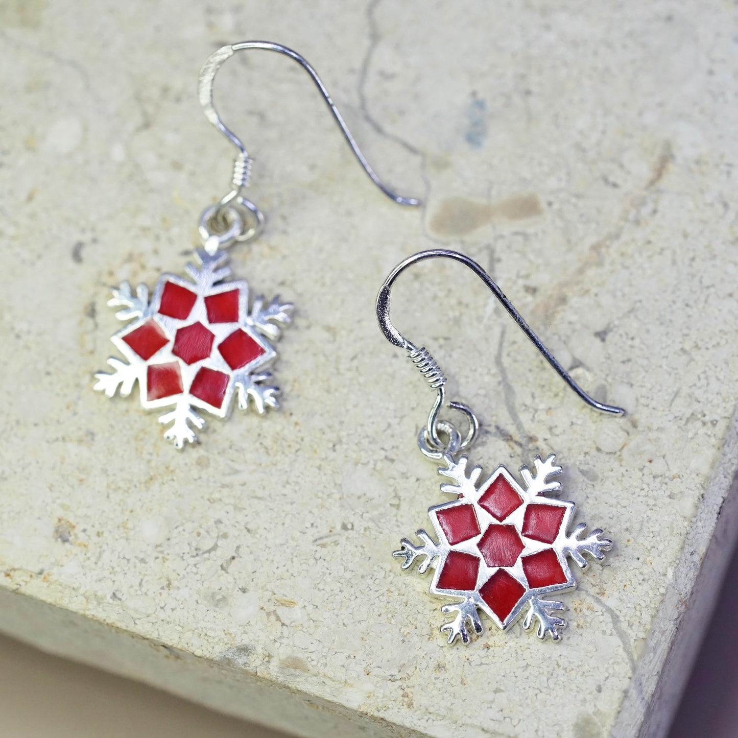 Vintage sterling silver handmade earrings, 925 hooks red enamel snowflake drops