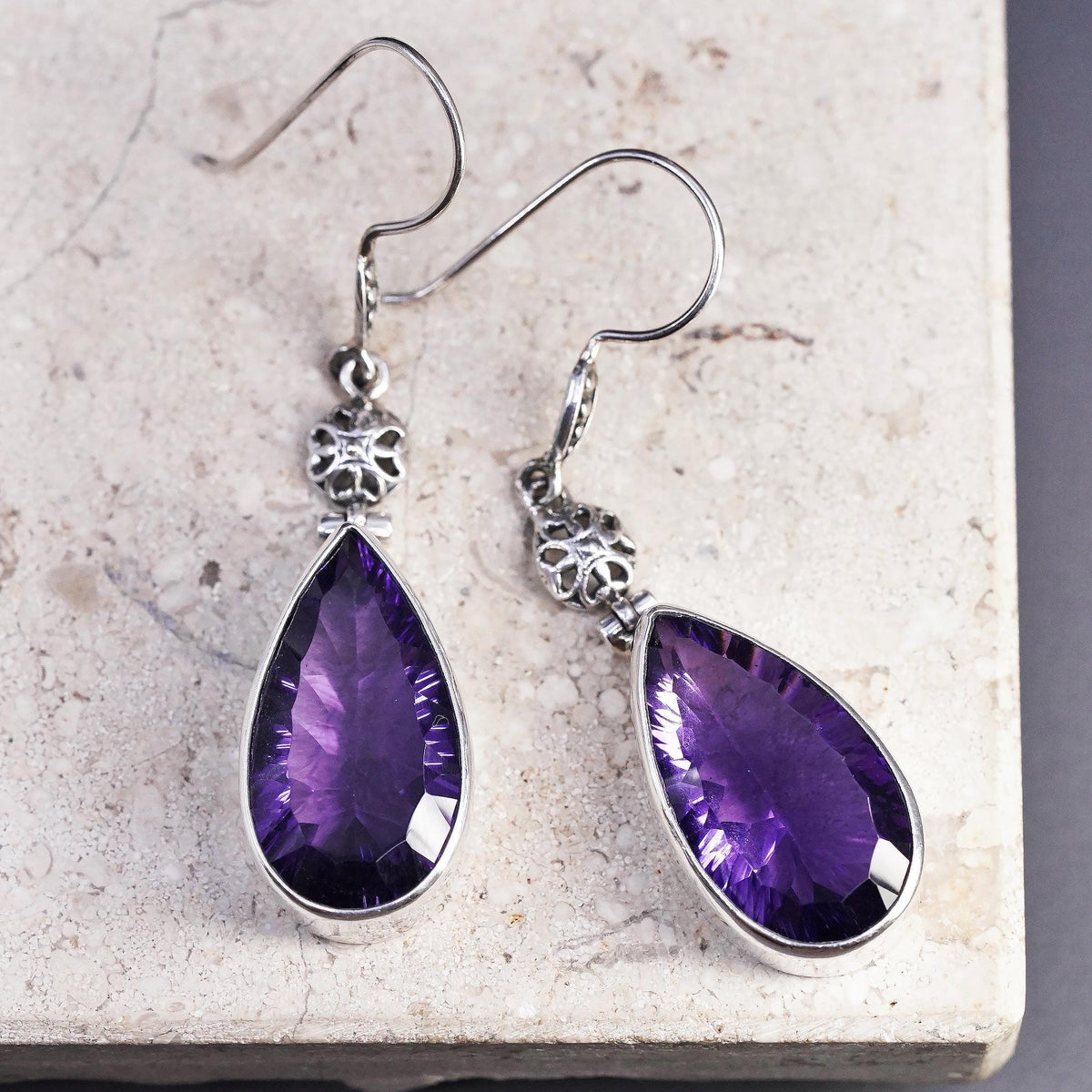 Vintage sterling 925 silver handmade teardrop earrings with amethyst