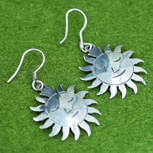 Sterling silver handmade earrings, Mexico 925 silver analog man sun face drops