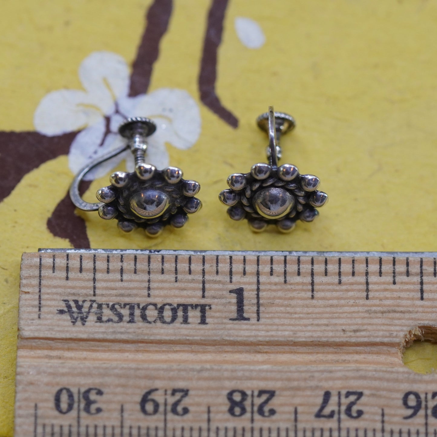 Vintage Sterling silver handmade screw back earrings, 925 flower