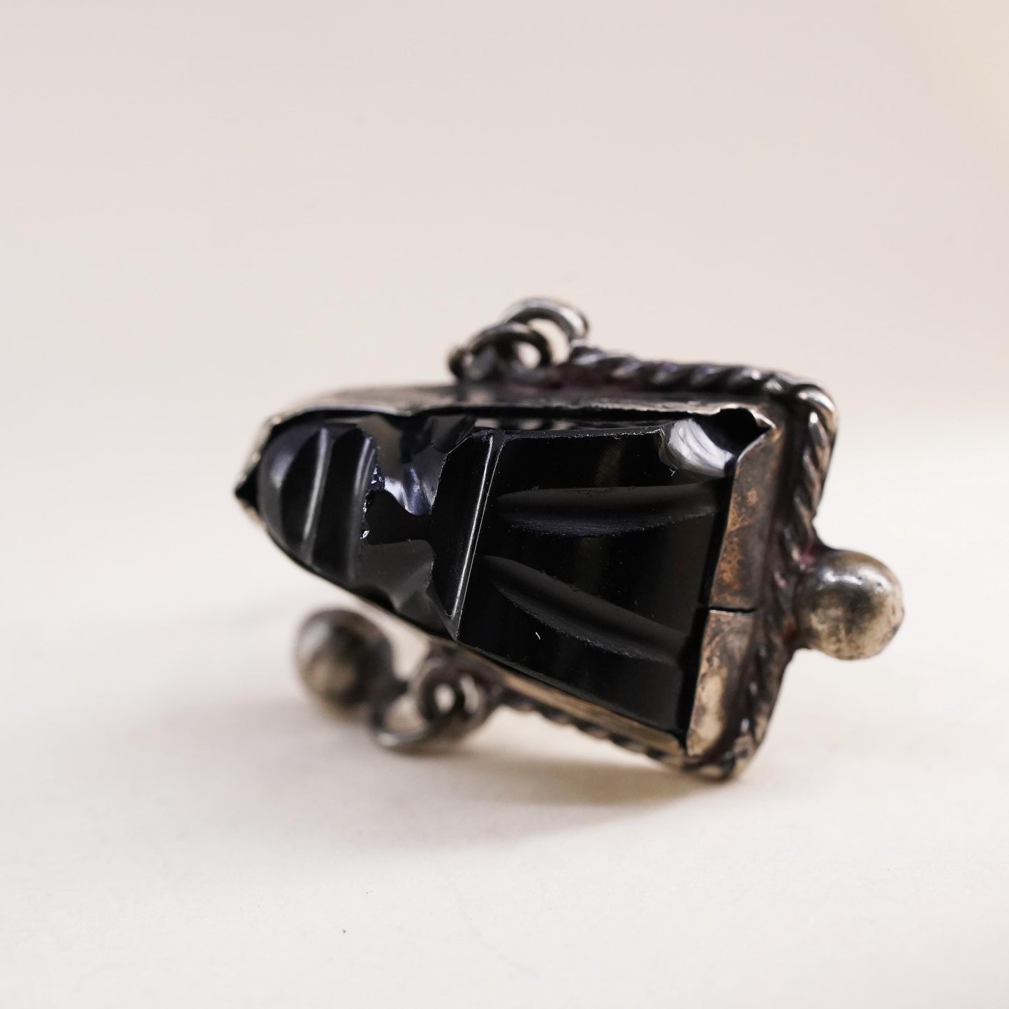 Mexican sterling silver single earring, 925 screw back Carved Warrior Onyx