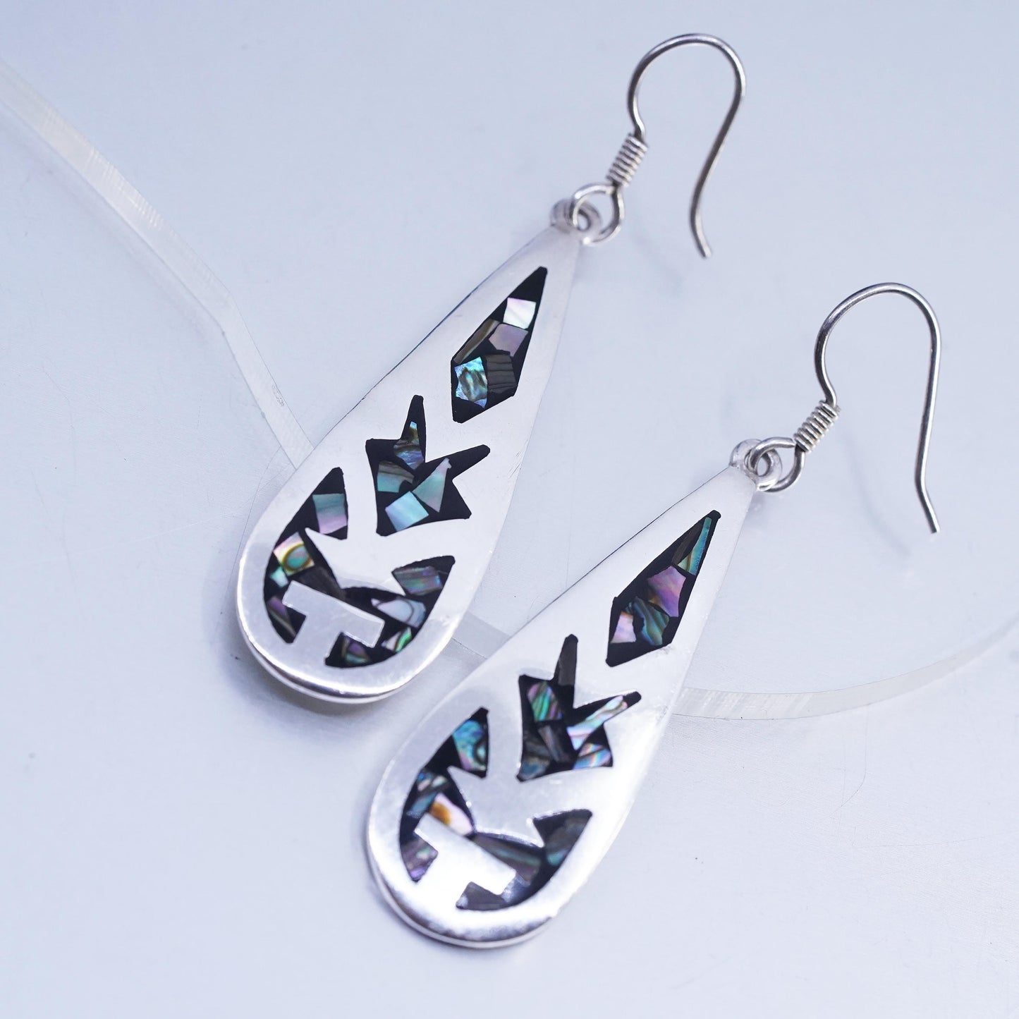 Vintage Mexican Sterling 925 silver handmade teardrop earrings abalone inlay