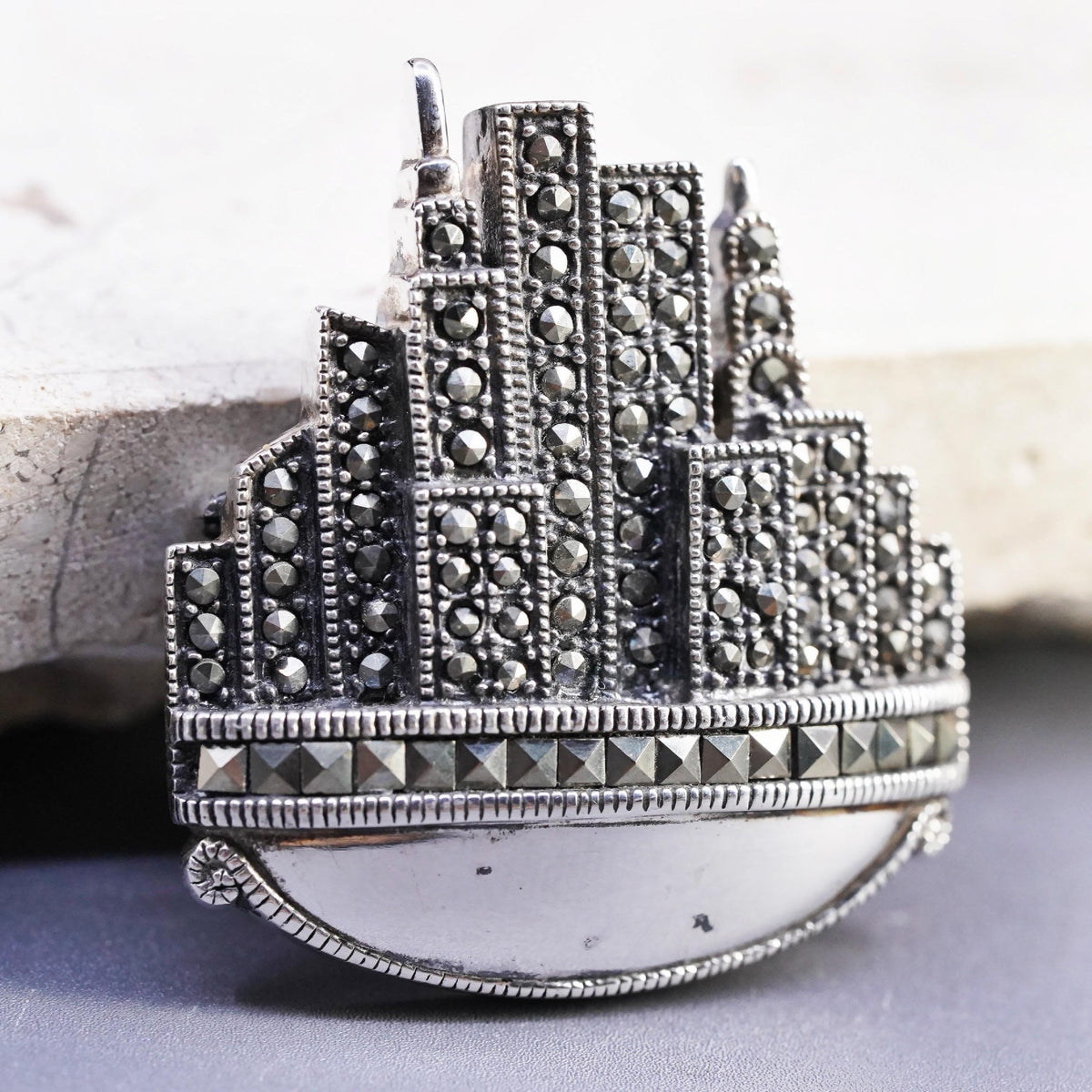 DBJ Sterling 925 Silver Marcasite Art Deco New York City Skyline Brooch Pendant