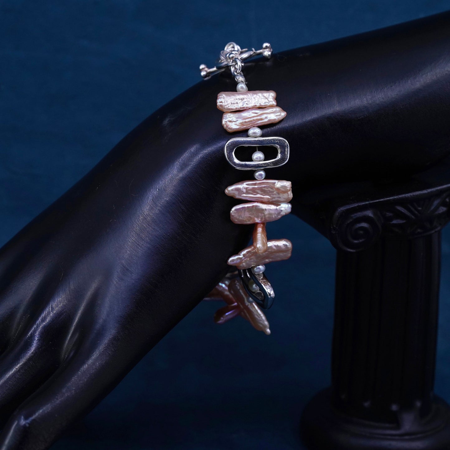 7.25", Sterling 925 silver handmade bracelet with baroque orange pearl beads