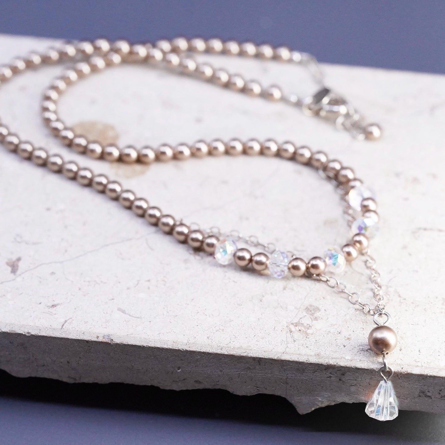 15+1", VTG Emily Ray Sterling 925 silver necklace faux pearls crystal pendant