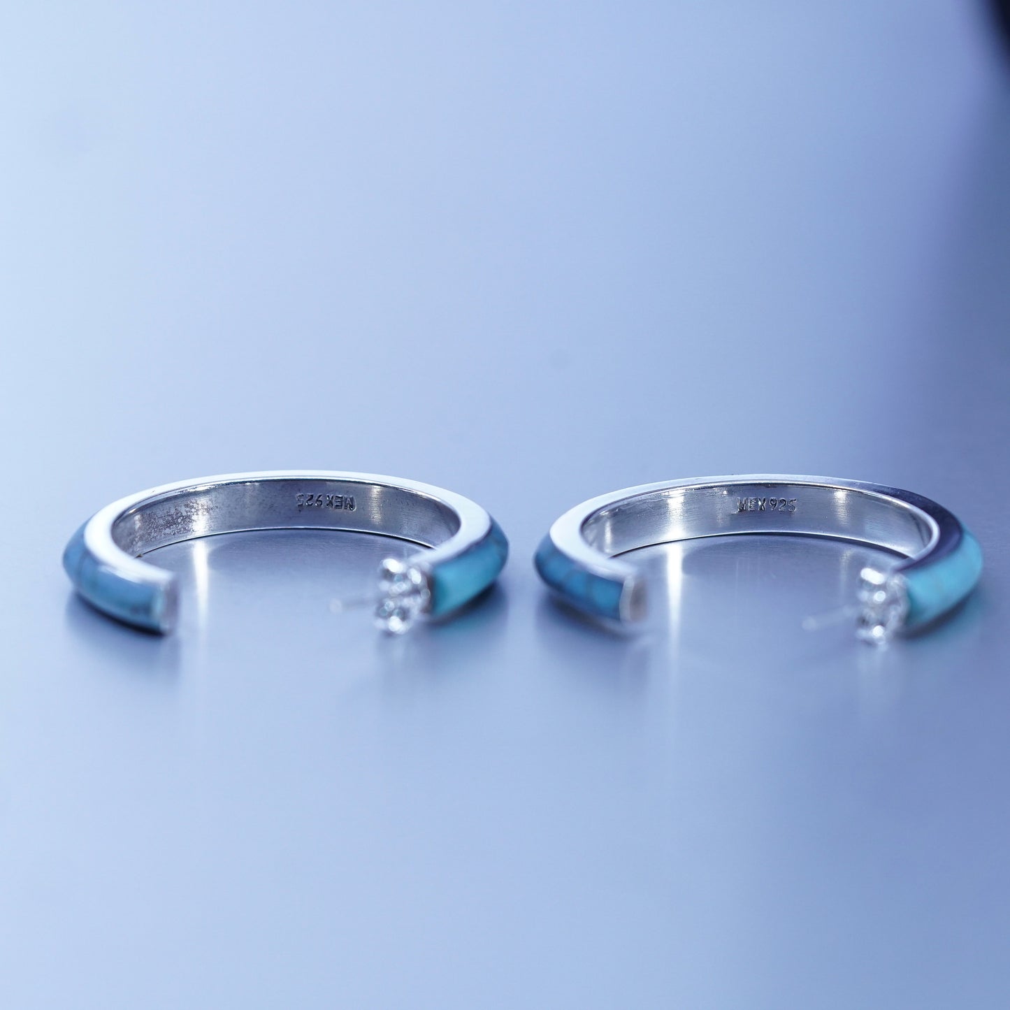 1.5”, Mexican Sterling silver handmade earrings, 925 huggie hoops w/ turquoise