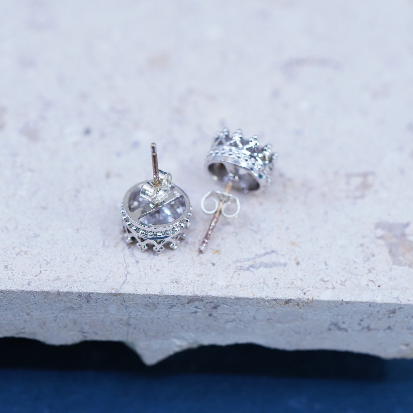Vintage sterling silver handmade earrings, 925 studs with CZ inlay