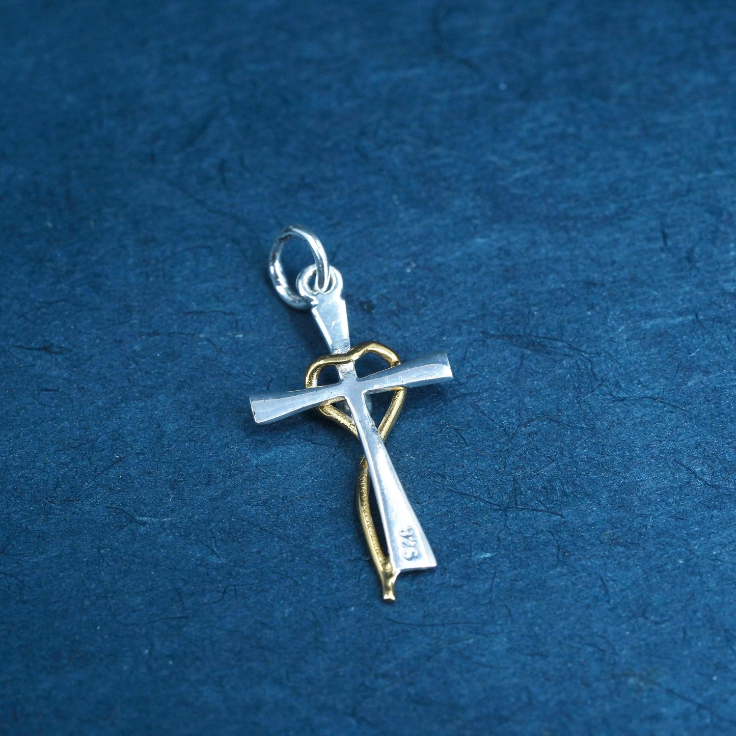 two tone Sterling silver prayer pendant, 925 cross with gold heart and pink cz