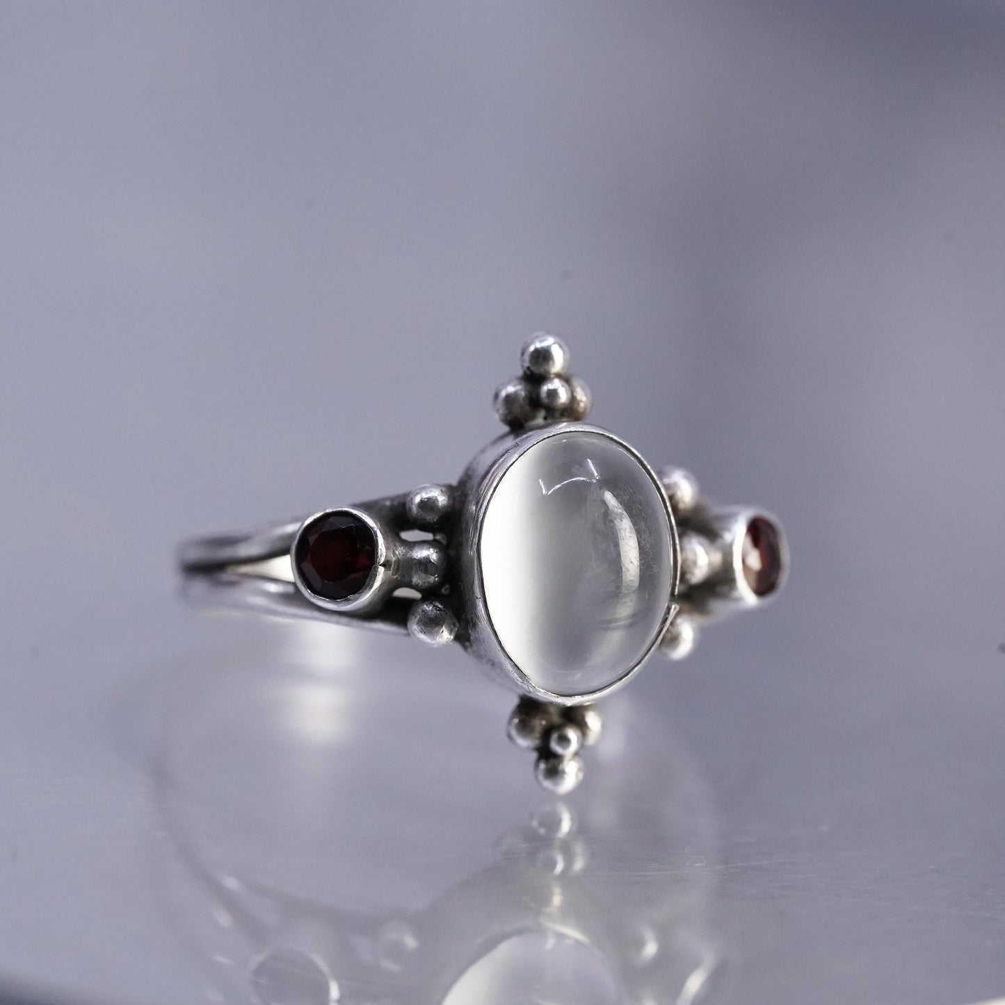 Size 7.5, vintage Sterling 925 silver handmade ring with moonstone and garnet