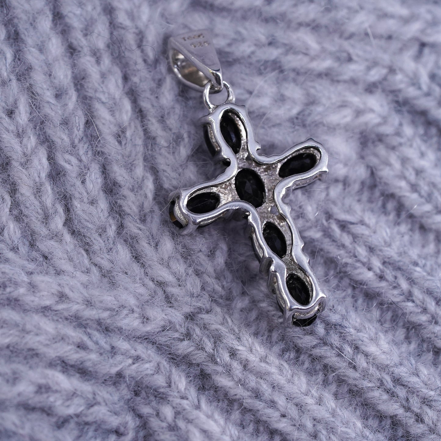 Vintage sterling silver handmade pendant, 925 cross with black spinels