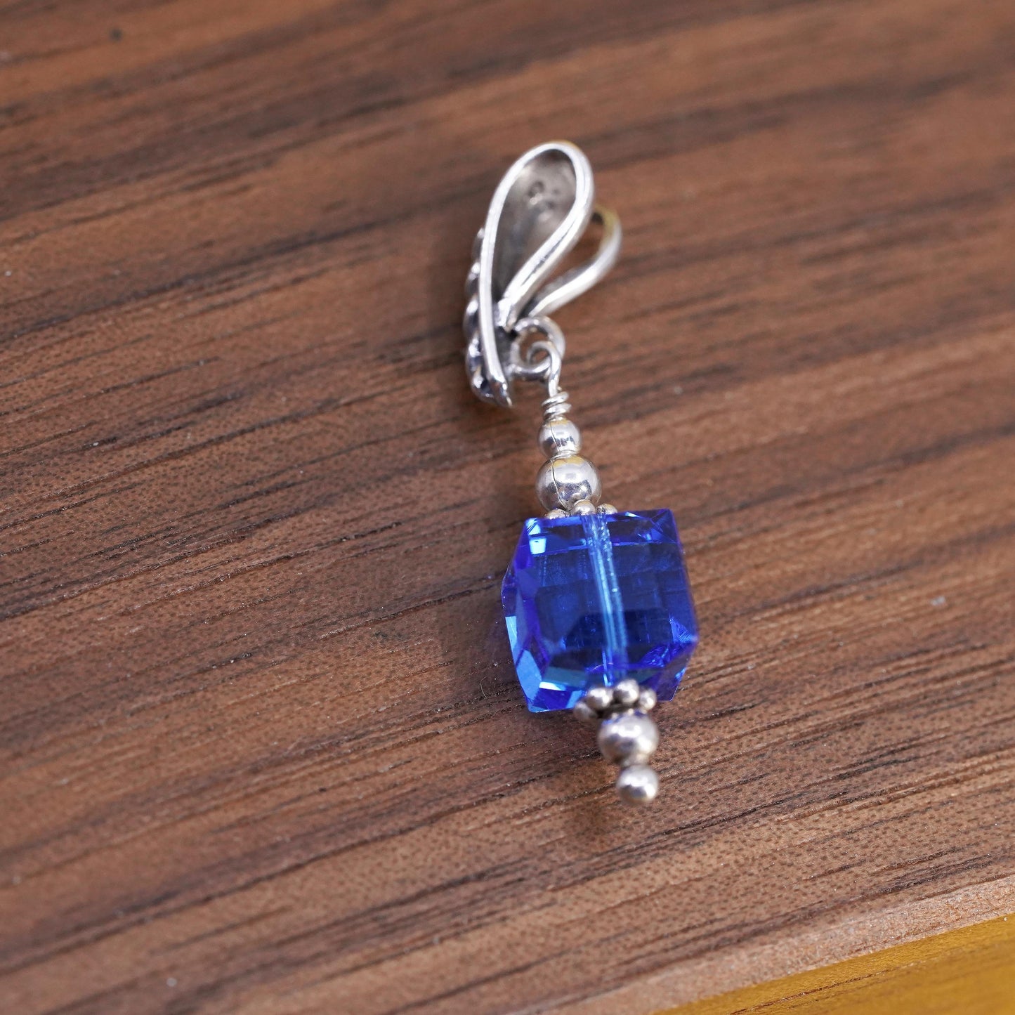 Vintage Sterling silver handmade pendant, 925 silver with blue crystal cube