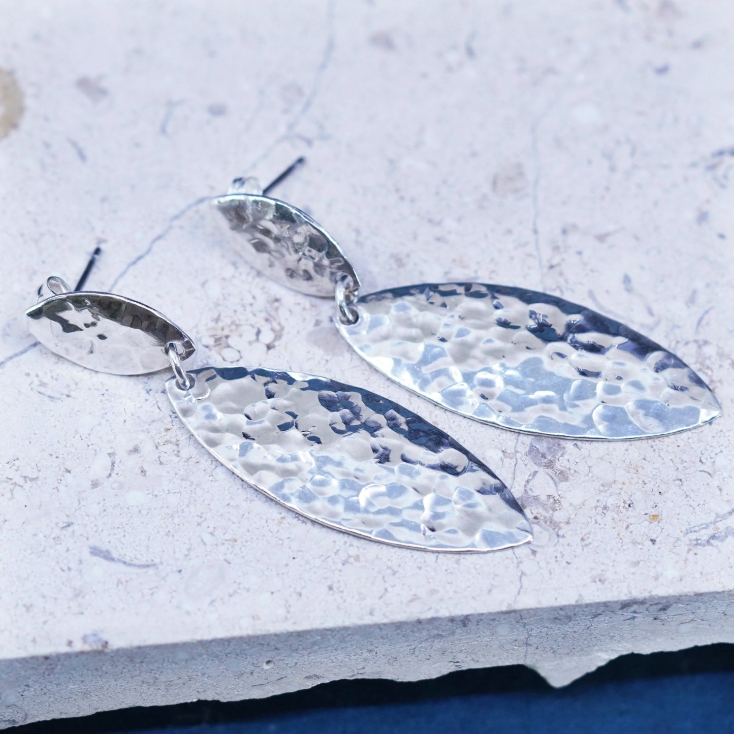 Vintage sterling silver handmade earrings, 925 hammered marquise shaped drops
