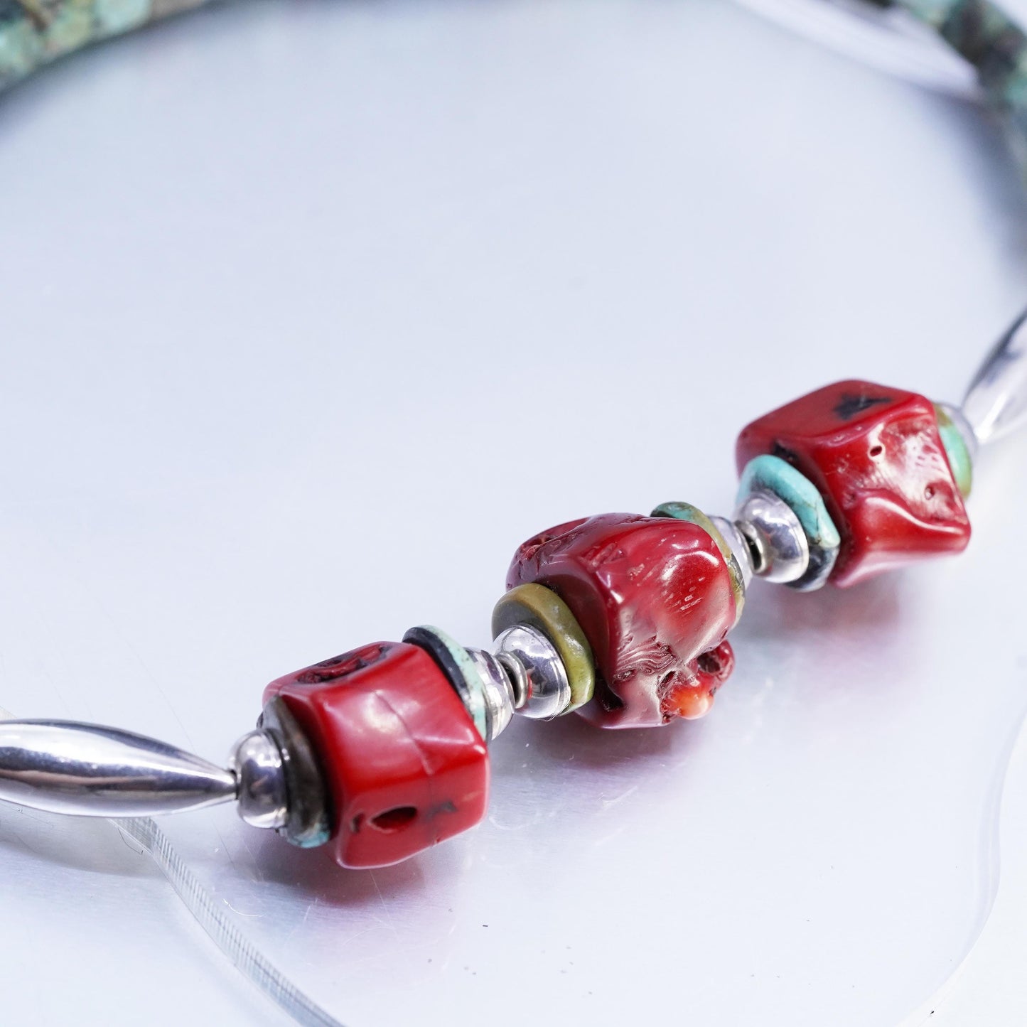 18", Native American Sterling 925 silver heishi necklace turquoise bead coral