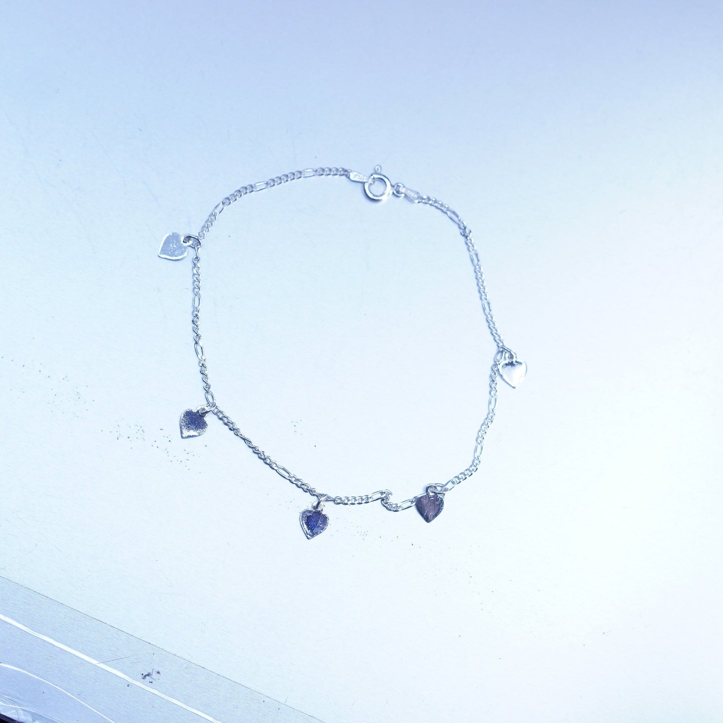 9” 2mm, vintage Sterling 925 silver figaro bracelet anklet with heart charms