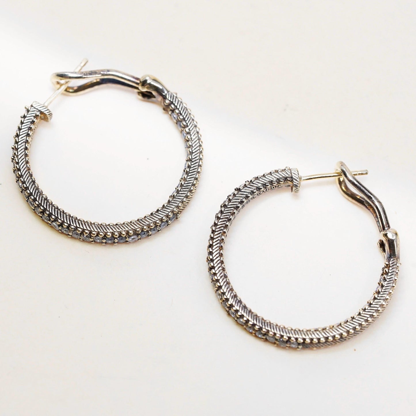 1", Judith Ripka gold plated sterling silver earrings, 925 textured hoops Cz