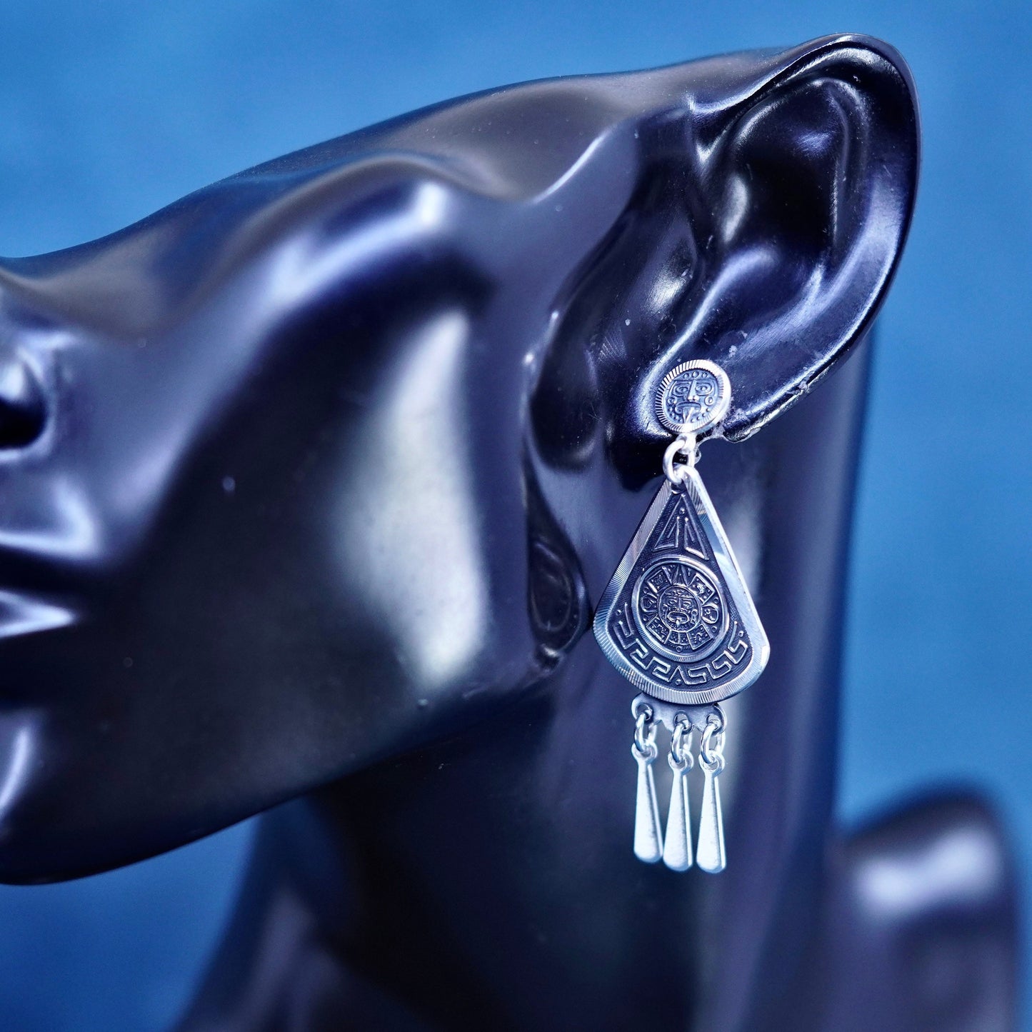 Mexico Sterling Silver Earrings 925 teardrop embossed mayan calendar and fringe