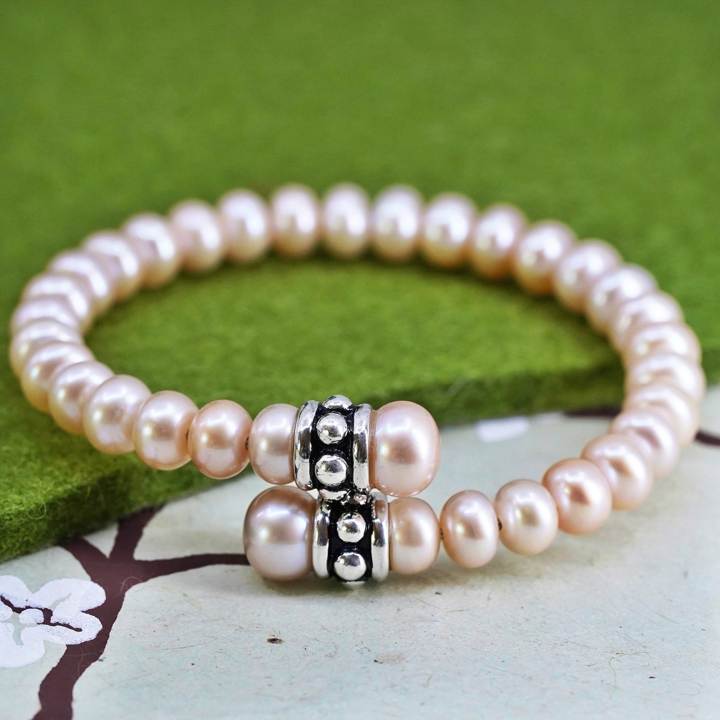 6.5”, vintage sterling silver bracelet, 925 cuff wrap bangle with 8mm pearl