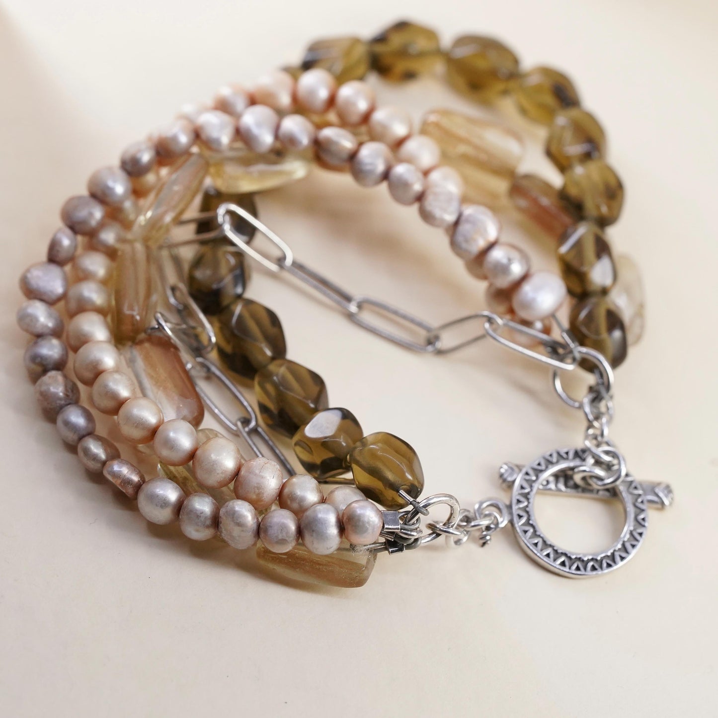 7”, B1412 Silpada sterling silver 925 pearls smokey quartz 5 strands bracelet