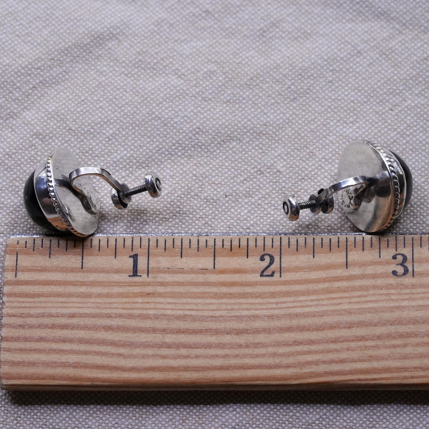 Vintage Mexican Sterling 925 silver handmade screw back earrings w/ black onyx