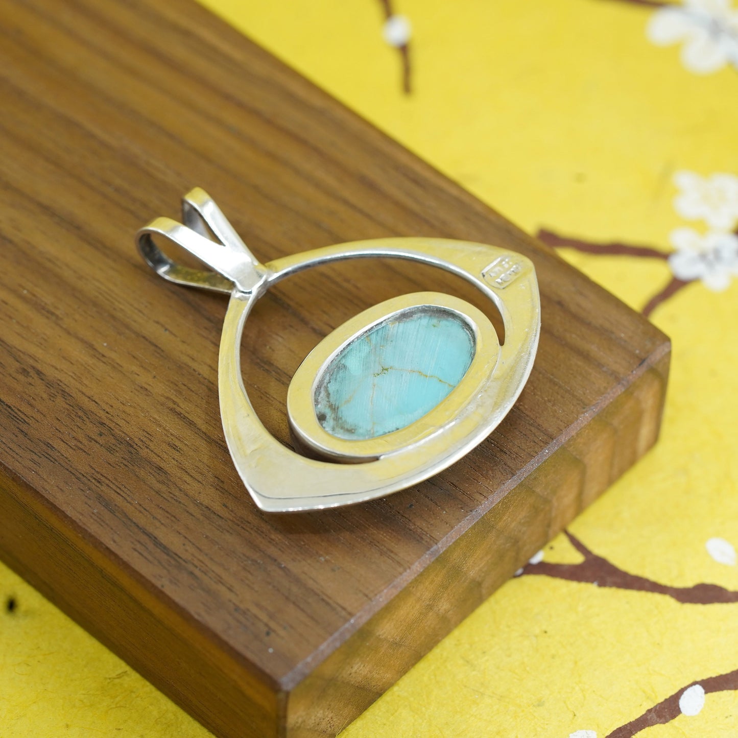 Vintage Sterling silver handmade pendant with oval turquoise