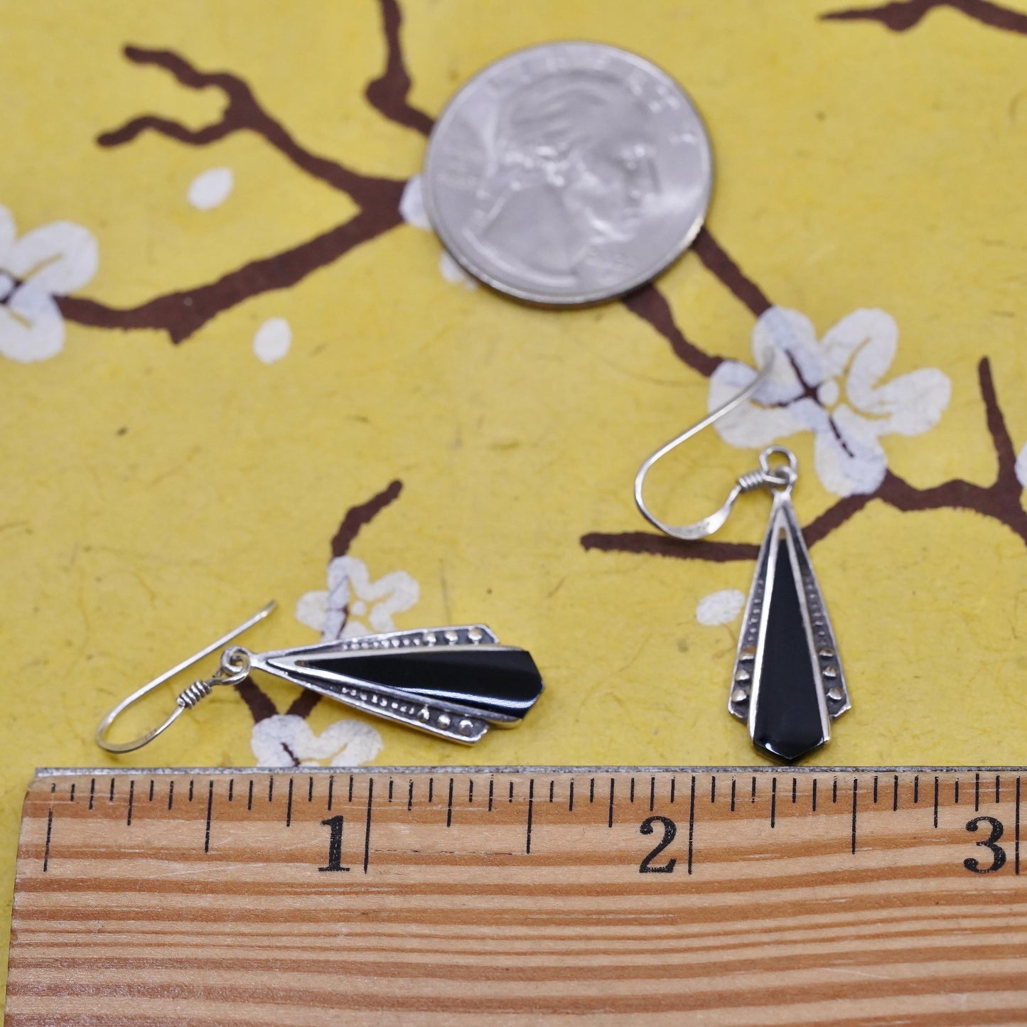 Vintage Sterling 925 silver handmade teardrop earrings with onyx and beads