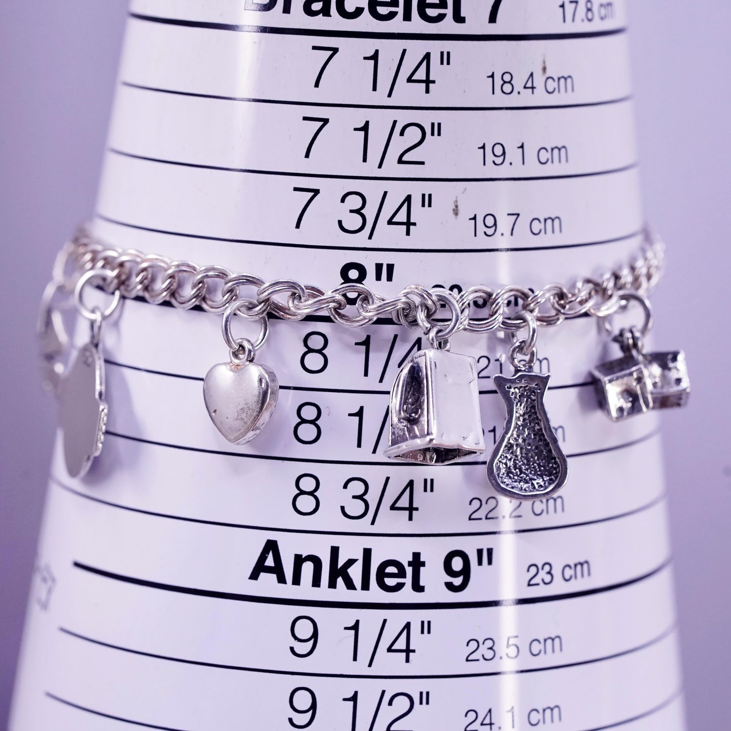 8", Sterling silver bracelet, 925 double curb chain slot dice money bag heart