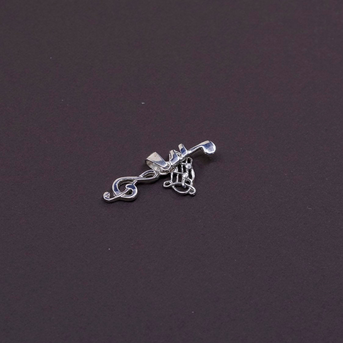 vtg Sterling silver handmade pendant, 925 music symbol charm w/ crystal