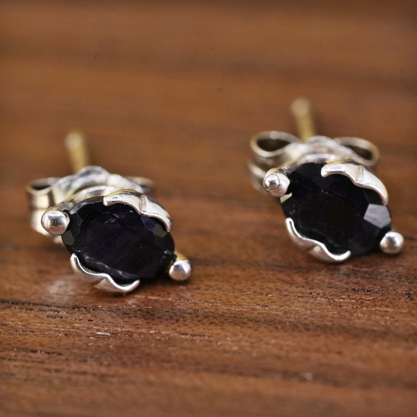 Vintage Sterling silver handmade earrings, 925 studs with sapphire