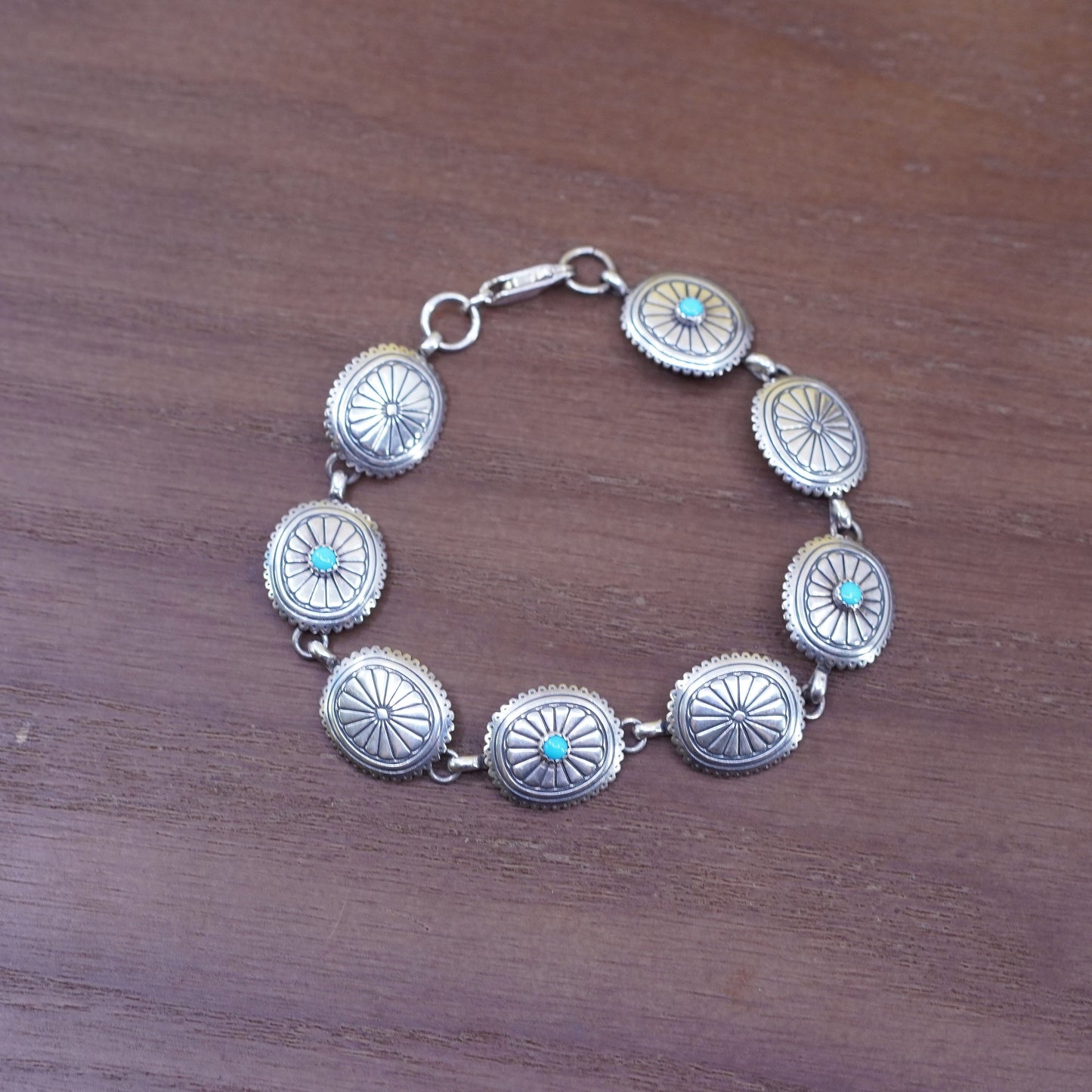 7.5”, native America Q.T. Quoc Turquoise sterling silver bracelet w/ turquoise