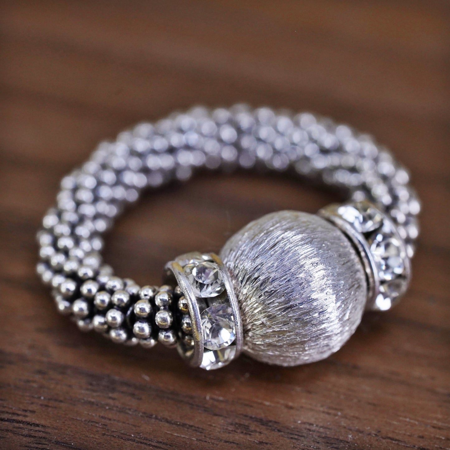Size 5, vintage Sterling 925 silver handmade stretch beaded ring with cz