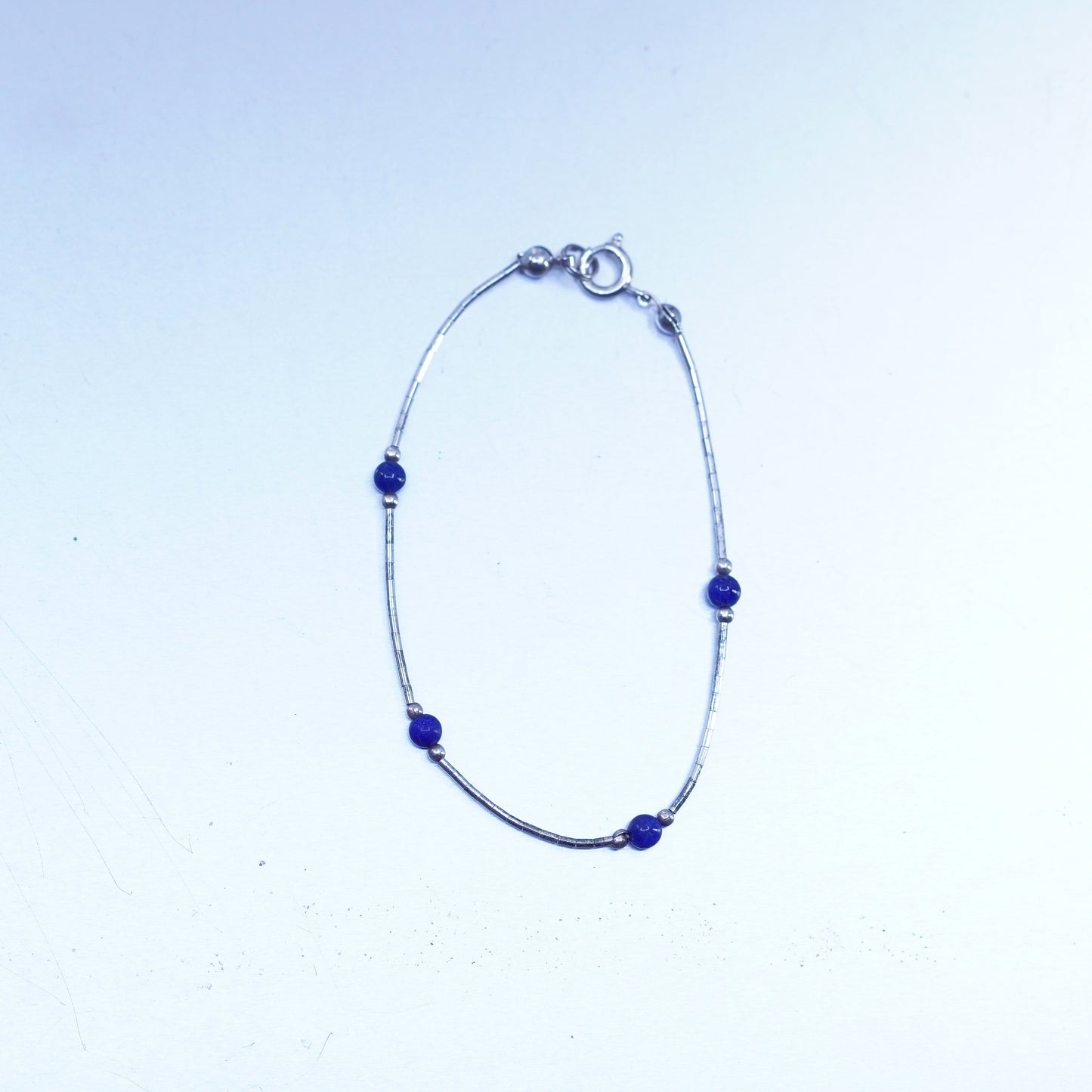 7”, Sterling 925 silver handmade bracelet, liquid chain lapis lazuli beads