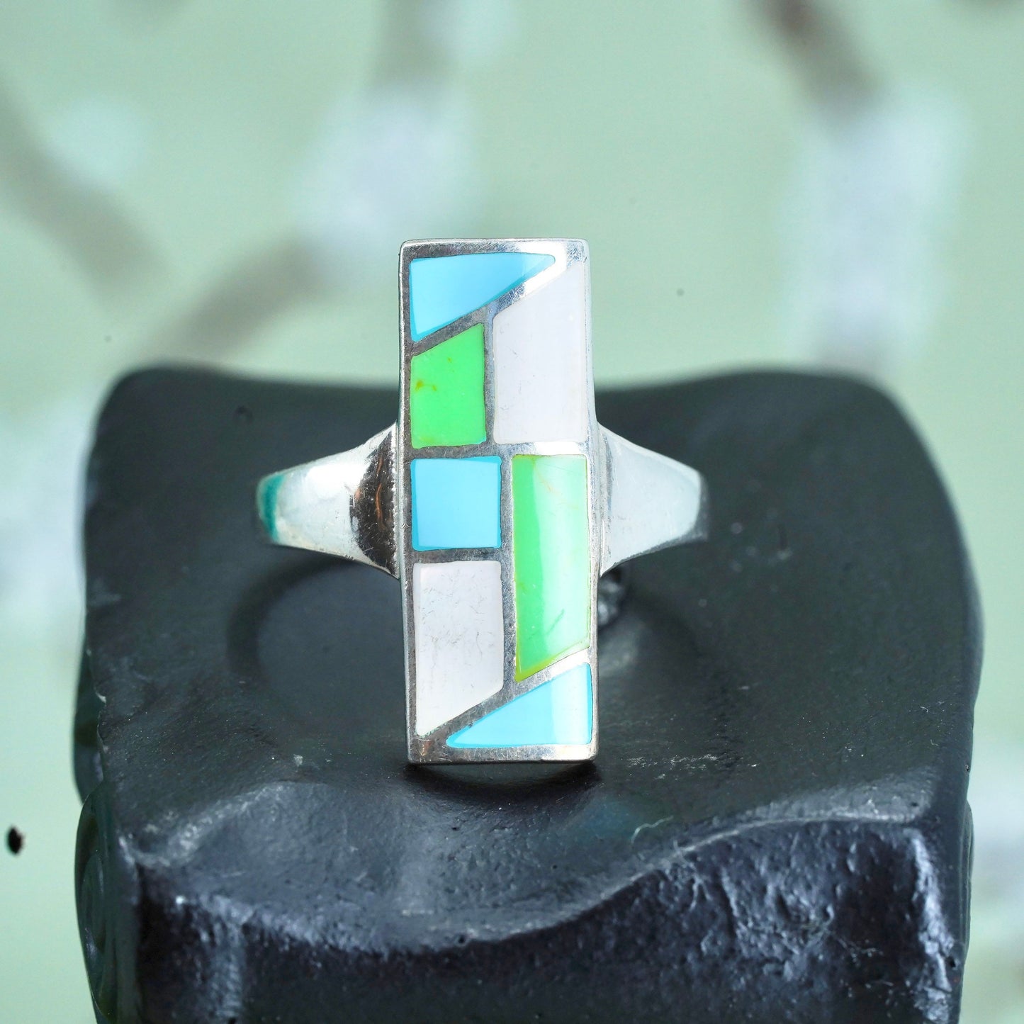 Size 9, Vintage sterling silver handmade ring rectangular mother of pearl inlay