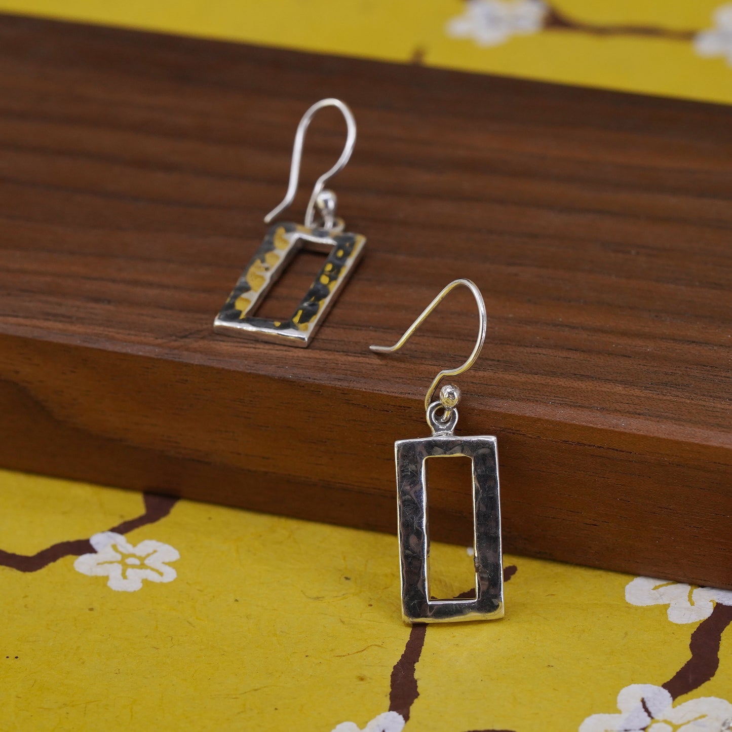 Mexico Sterling silver handmade earrings, 925 Hammered rectangular dangles