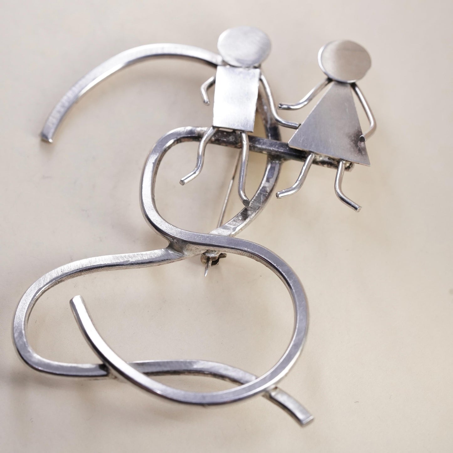 Vintage sterling silver handmade brooch, 925 silver love couple huge brooch