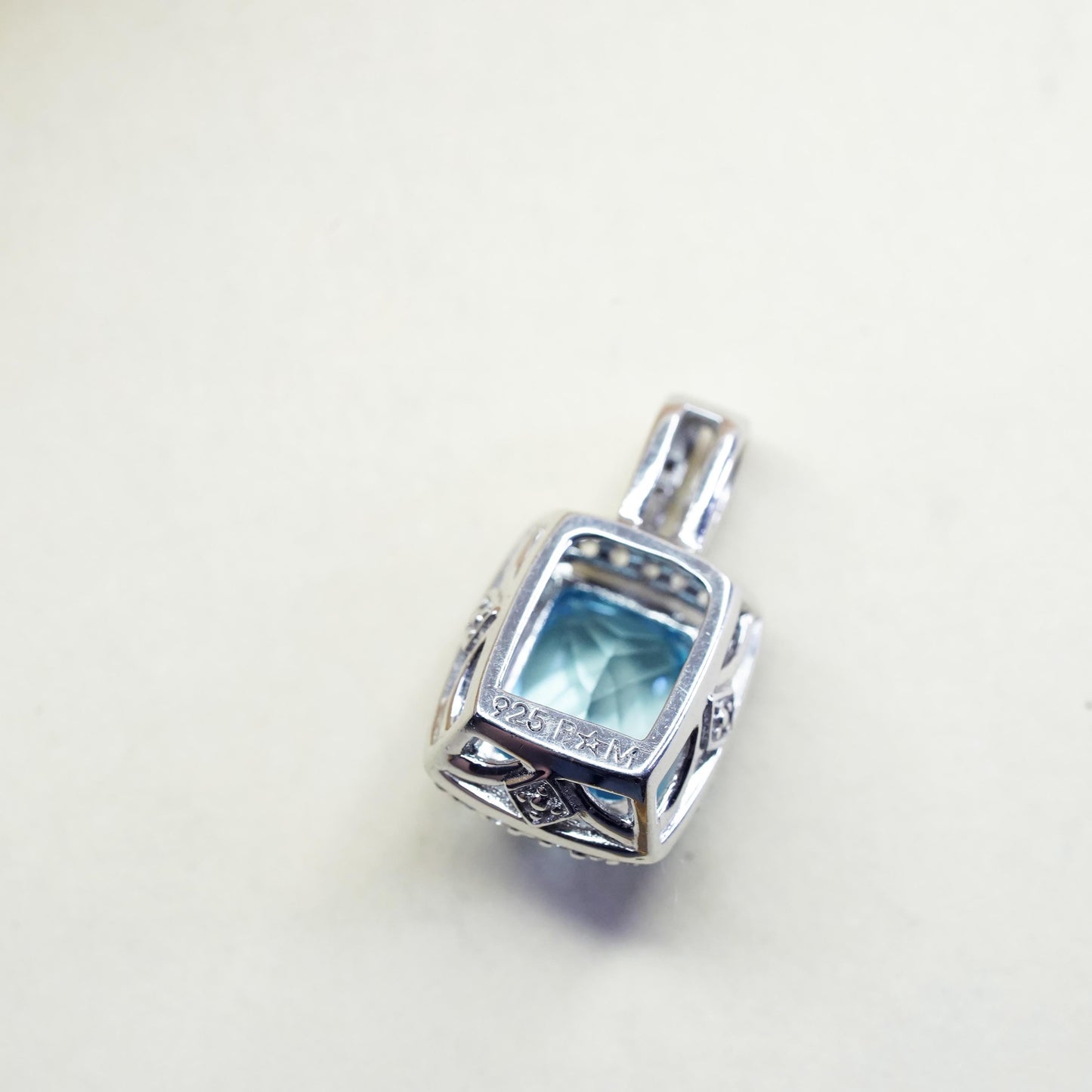 Vintage Sterling 925 silver pendant checkerboard cut blue topaz diamonds