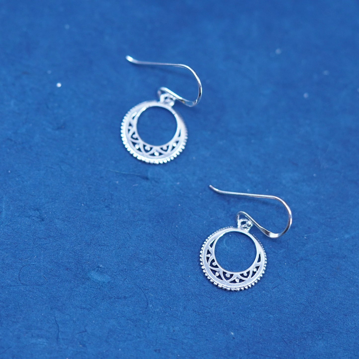 Vintage sterling silver handmade earrings, 925 filigree circle drop