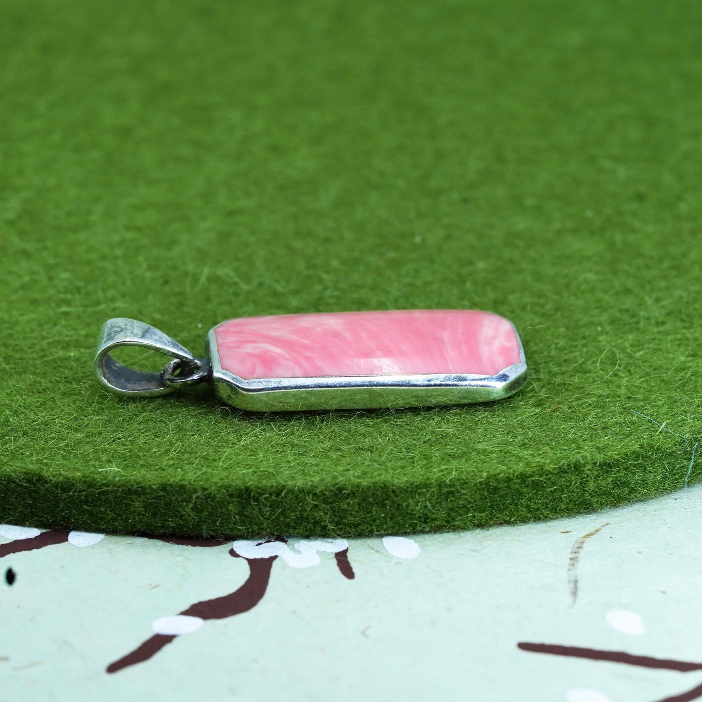 Vintage sterling silver handmade pendant, 925 rectangular charm w/ pink enamel