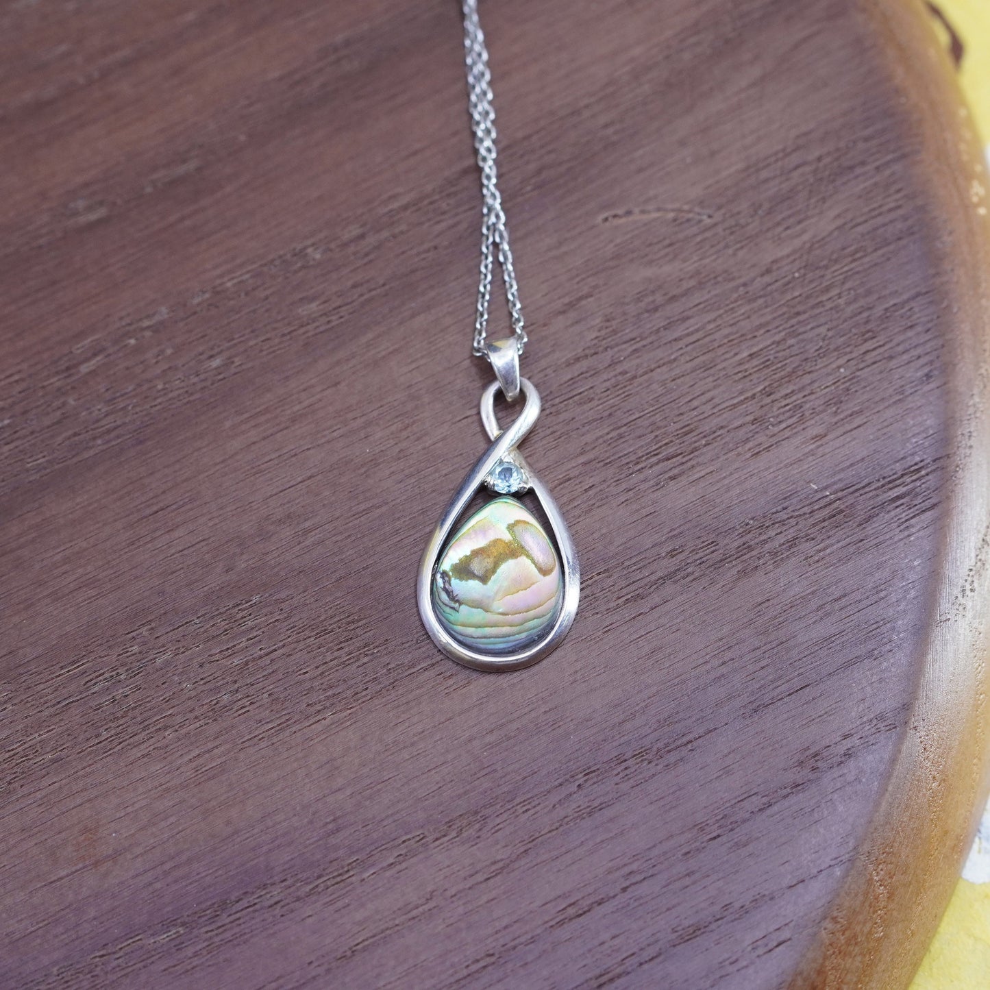 18”, sterling silver necklace, 925 circle chain teardrop abalone pendant
