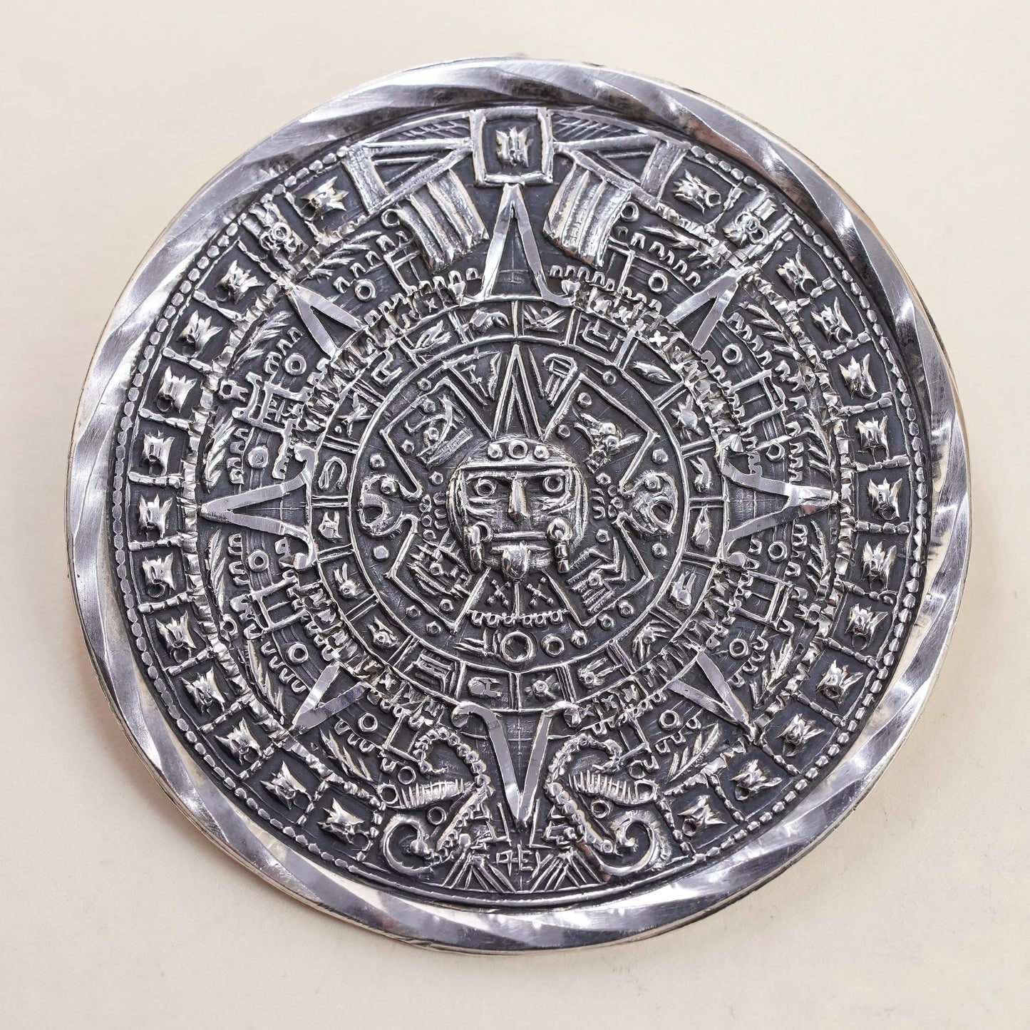 Taxco Sterling Silver Aztec Calendar Brooch Pendant Mexican Mayan Sun Stone Pin