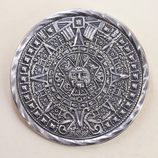 Taxco Sterling Silver Aztec Calendar Brooch Pendant Mexican Mayan Sun Stone Pin