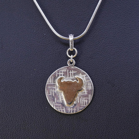 16", vintage two tone sterling 925 Silver snake chain necklace with ox pendant
