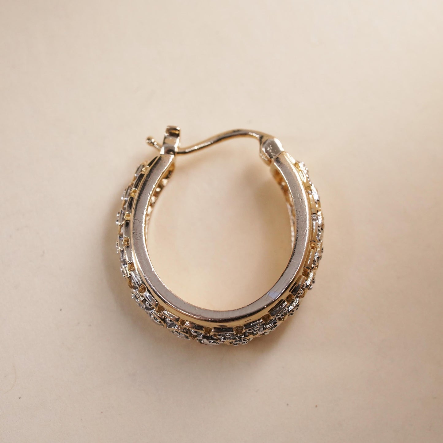 0.75”, vermeil gold sterling silver single earring, 925 huggie hoop diamonds