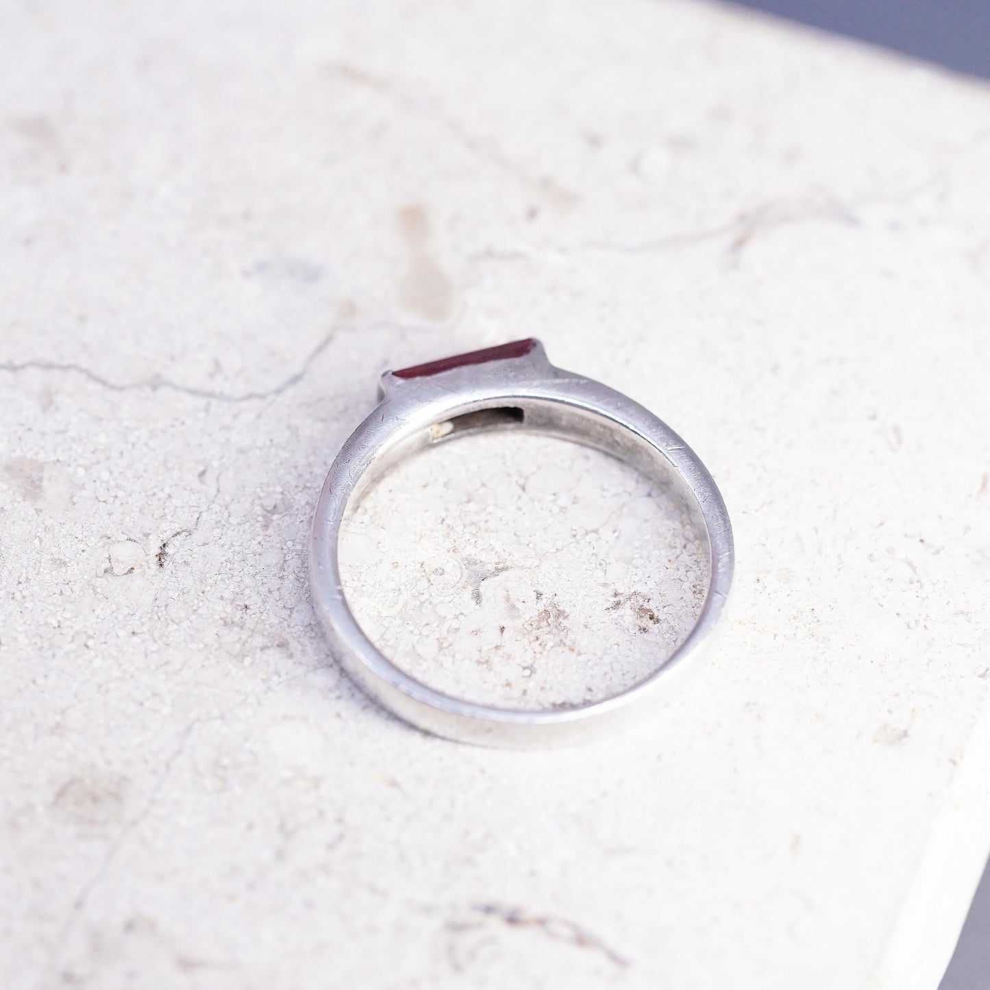 Size 7.25, vintage Sterling 925 silver handmade stackable ring with ruby inlay