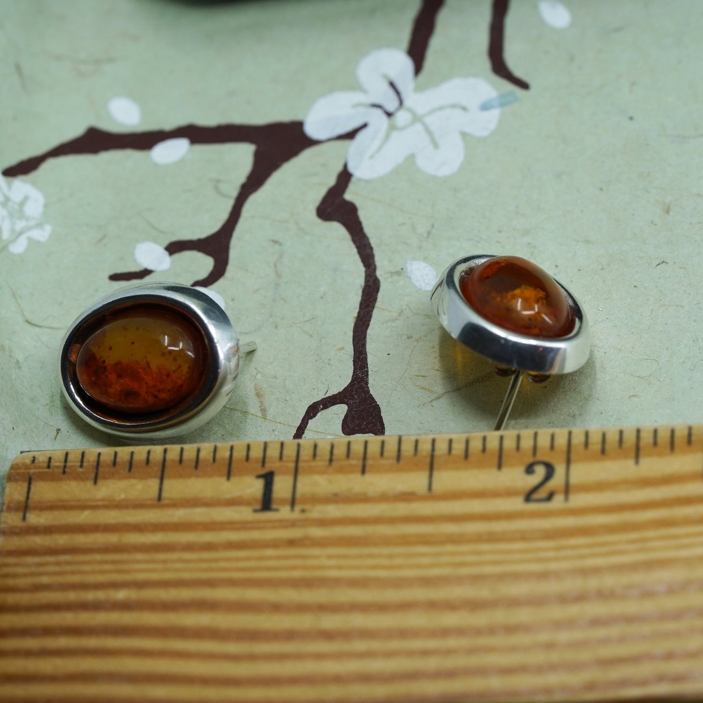Vintage Sterling 925 silver handmade earrings with oval Amber studs