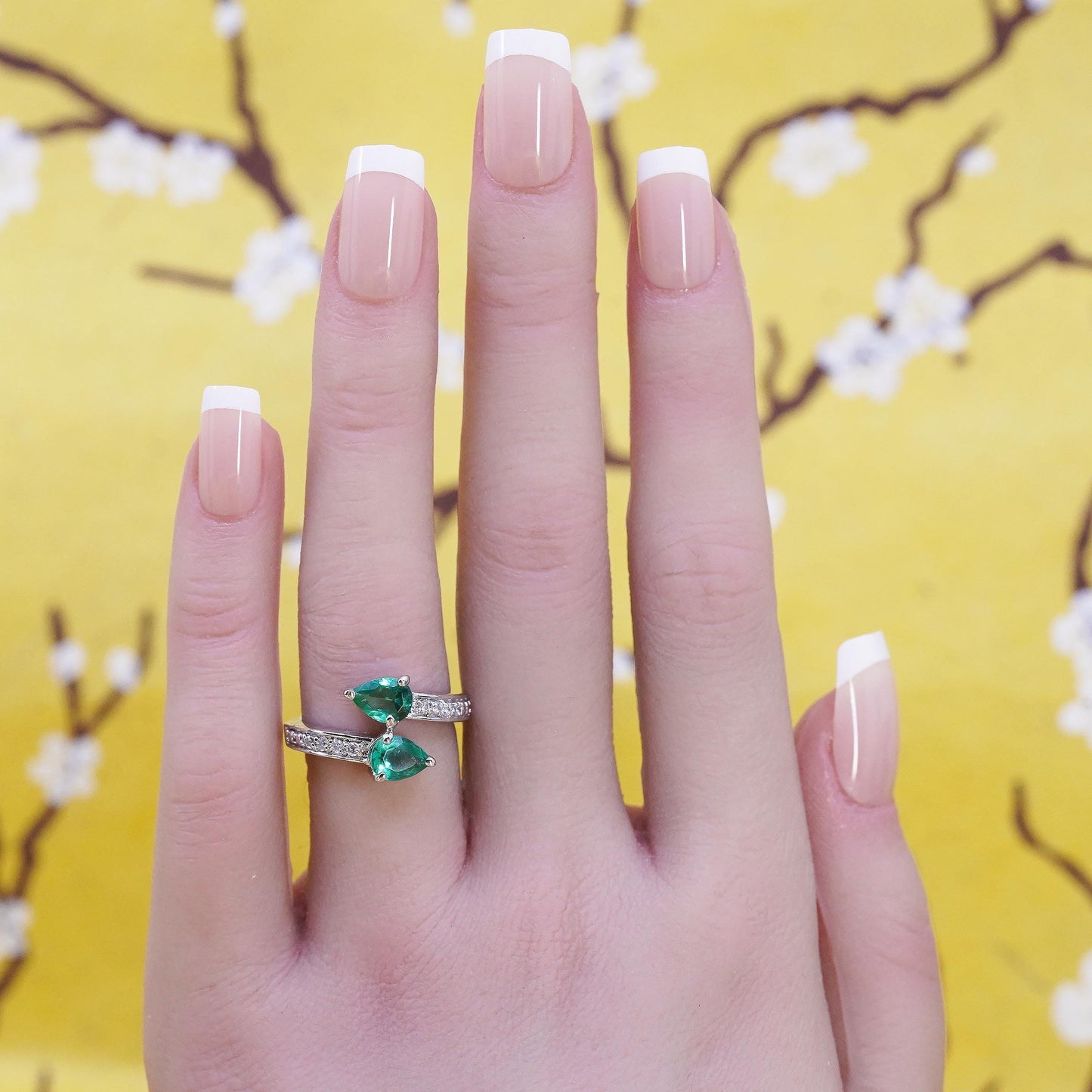 Size 6, VTG Emerald Diamond Bypass Toi et Moi Ring, Sterling Silver 925 Ring