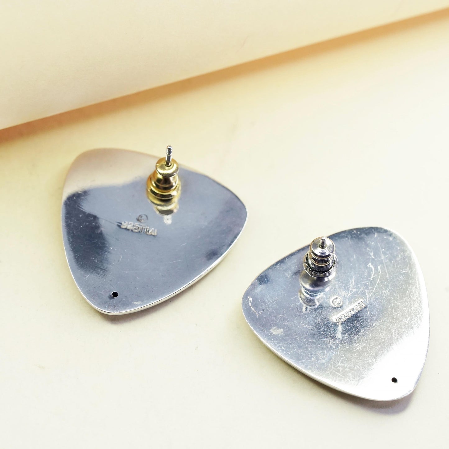 Vintage Sterling silver handmade earrings, 925 triangular studs, minimalist